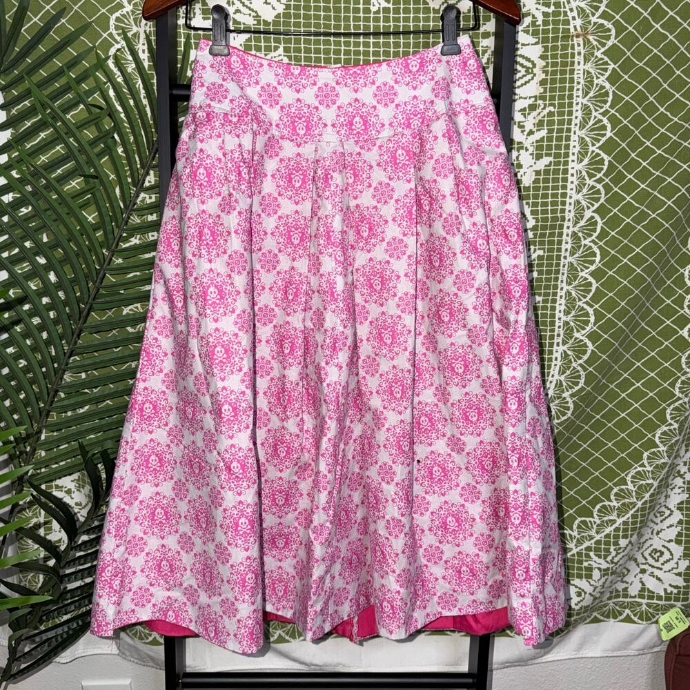 Vintage Pink Skull Damask Midi‎ Skirt Gothic Pleated A-Line Cottagecore Goth